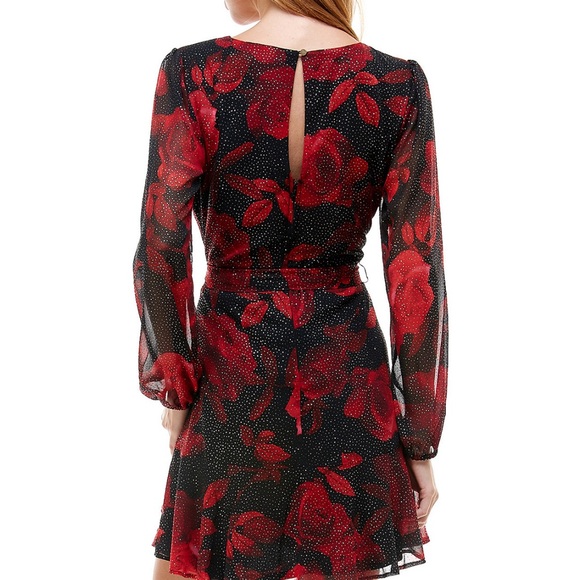 Juniors' Printed Faux-Wrap Long-Sleeve Dress 5-6 - Picture 2 of 5